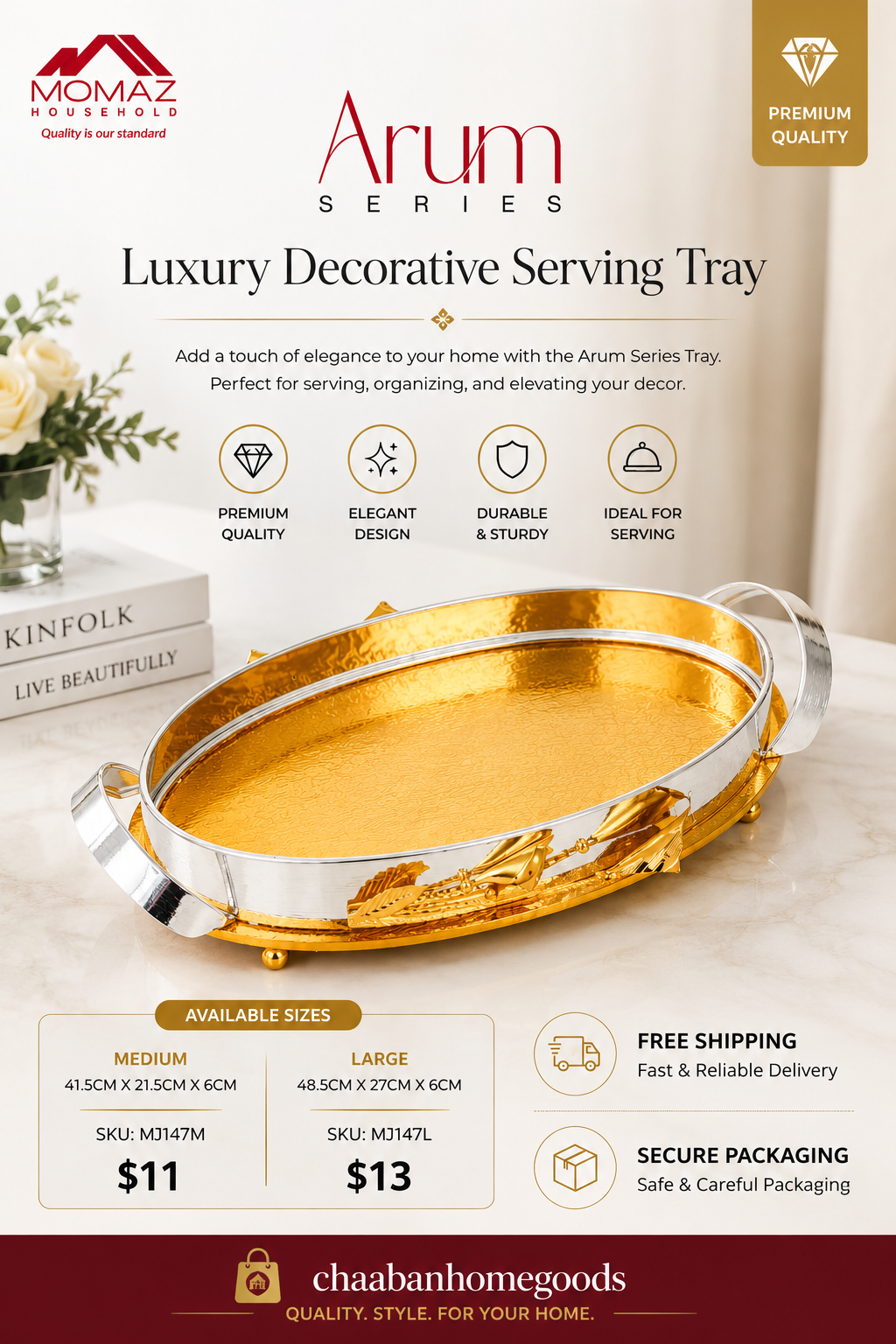 Momaz Arum Series Luxury Decorative Serving Tray – Elegant Gold Oval Tray with Silver Handles