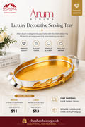 Momaz Arum Series Luxury Decorative Serving Tray – Elegant Gold Oval Tray with Silver Handles