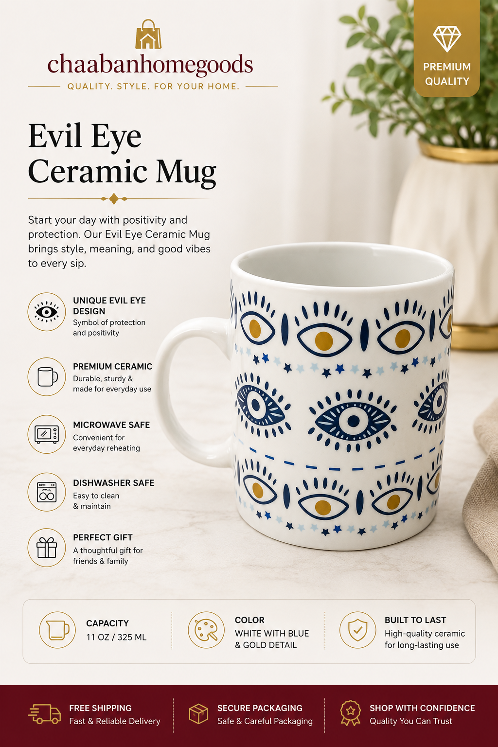 Evil Eye Ceramic Coffee Mug – 11oz Protective Design Cup | Premium Ceramic Gift Mug
