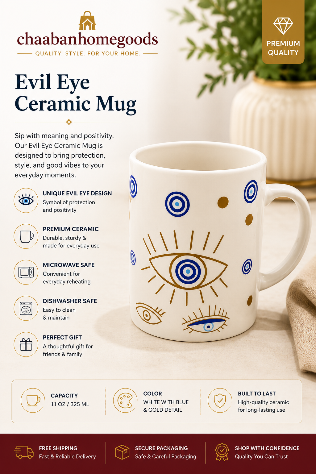 Modern Evil Eye Ceramic Mug – 11oz Coffee Mug with Blue & Gold Design