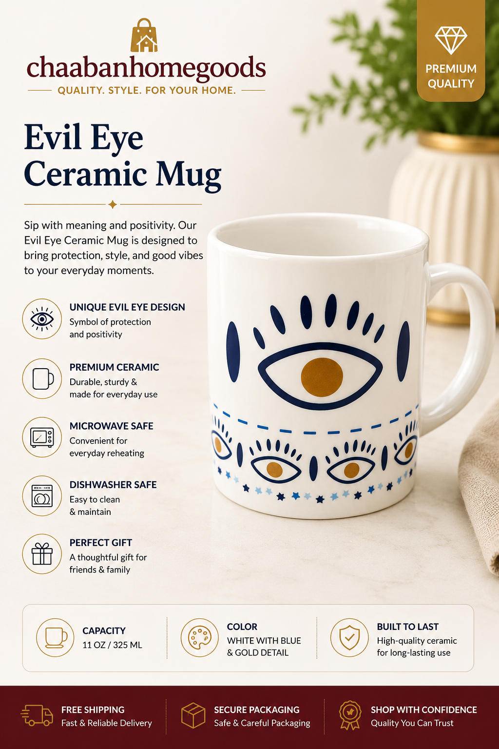Elegant Evil Eye Ceramic Mug – 11oz Protective Coffee & Tea Mug | Blue & Gold Design
