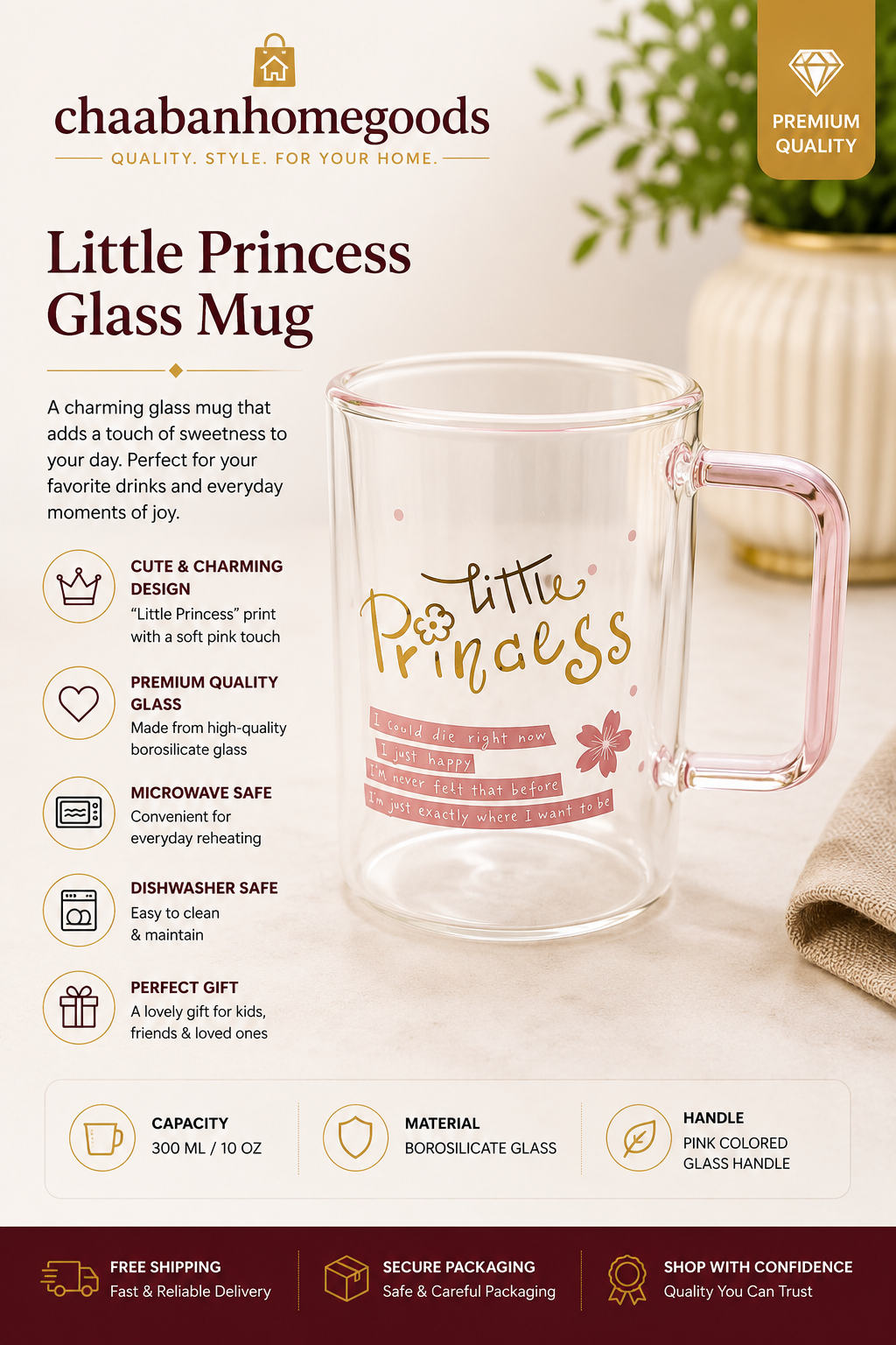 Little Princess Glass Mug – Cute Pink Glass Coffee & Tea Cup | 10oz Borosilicate Mug