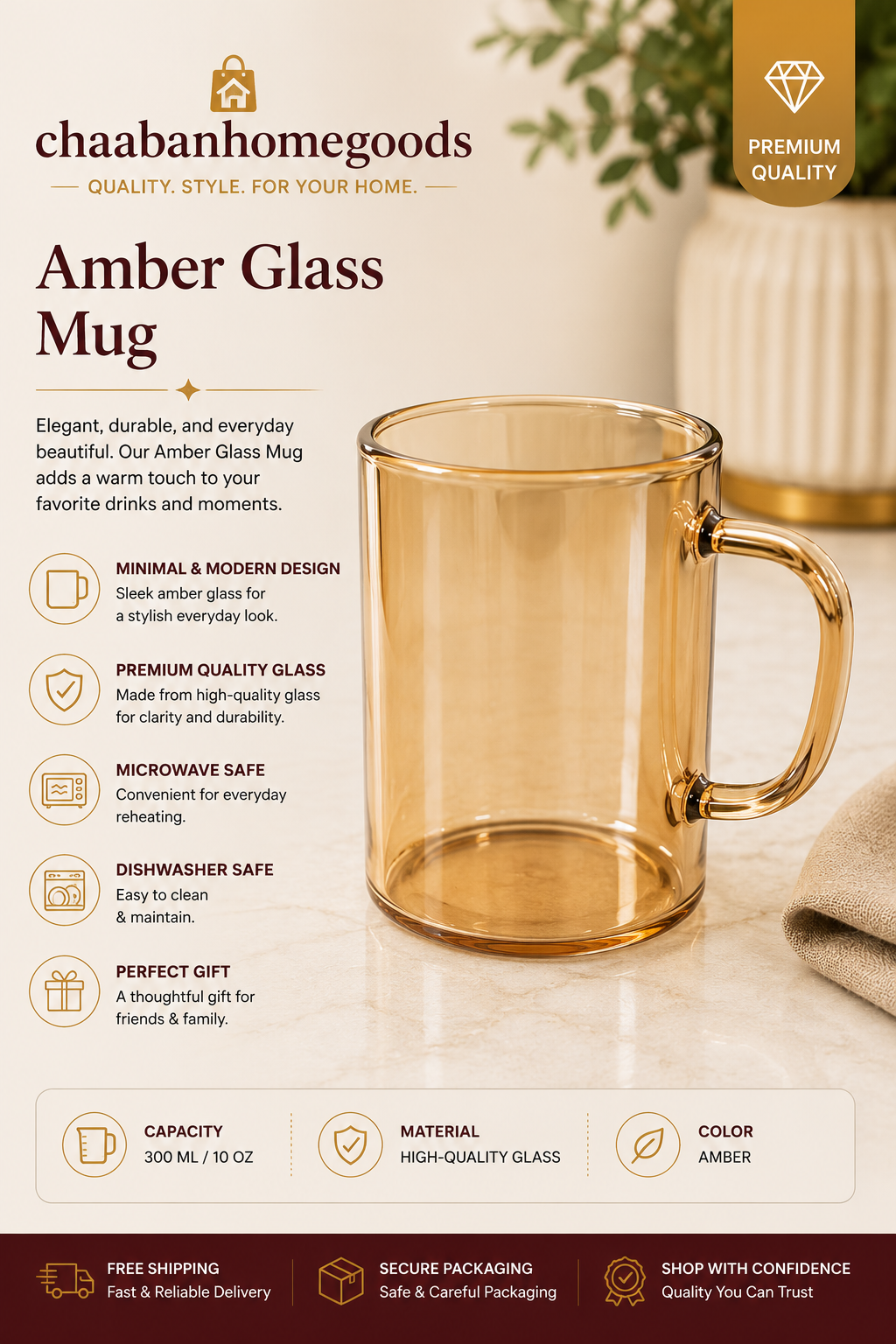 Amber Glass Coffee Mug – Modern Transparent Glass Tea Cup | 10oz Minimalist Drinkware