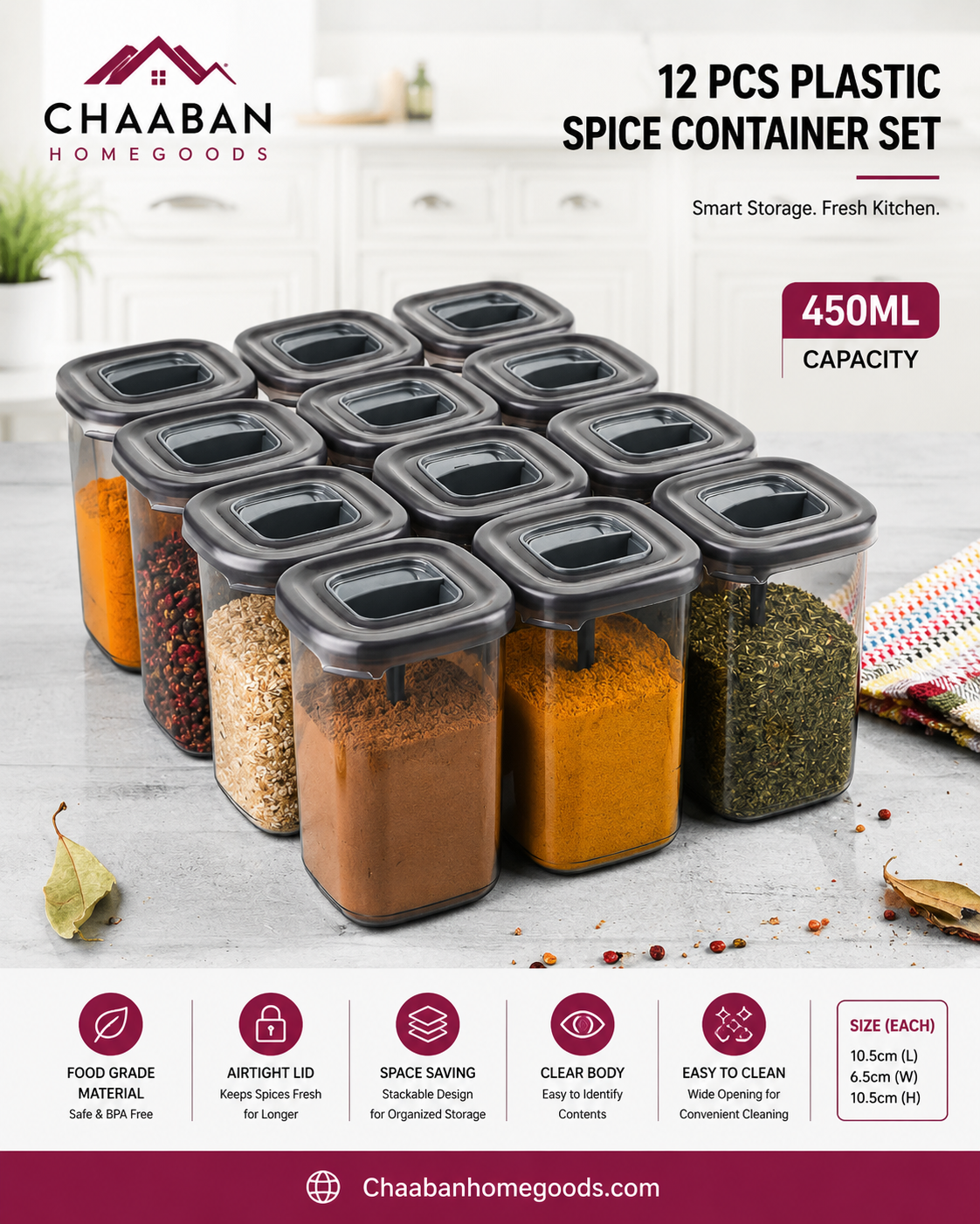 12-Piece Airtight Plastic Spice Container Set – BPA-Free Kitchen Storage Jars | 450ML