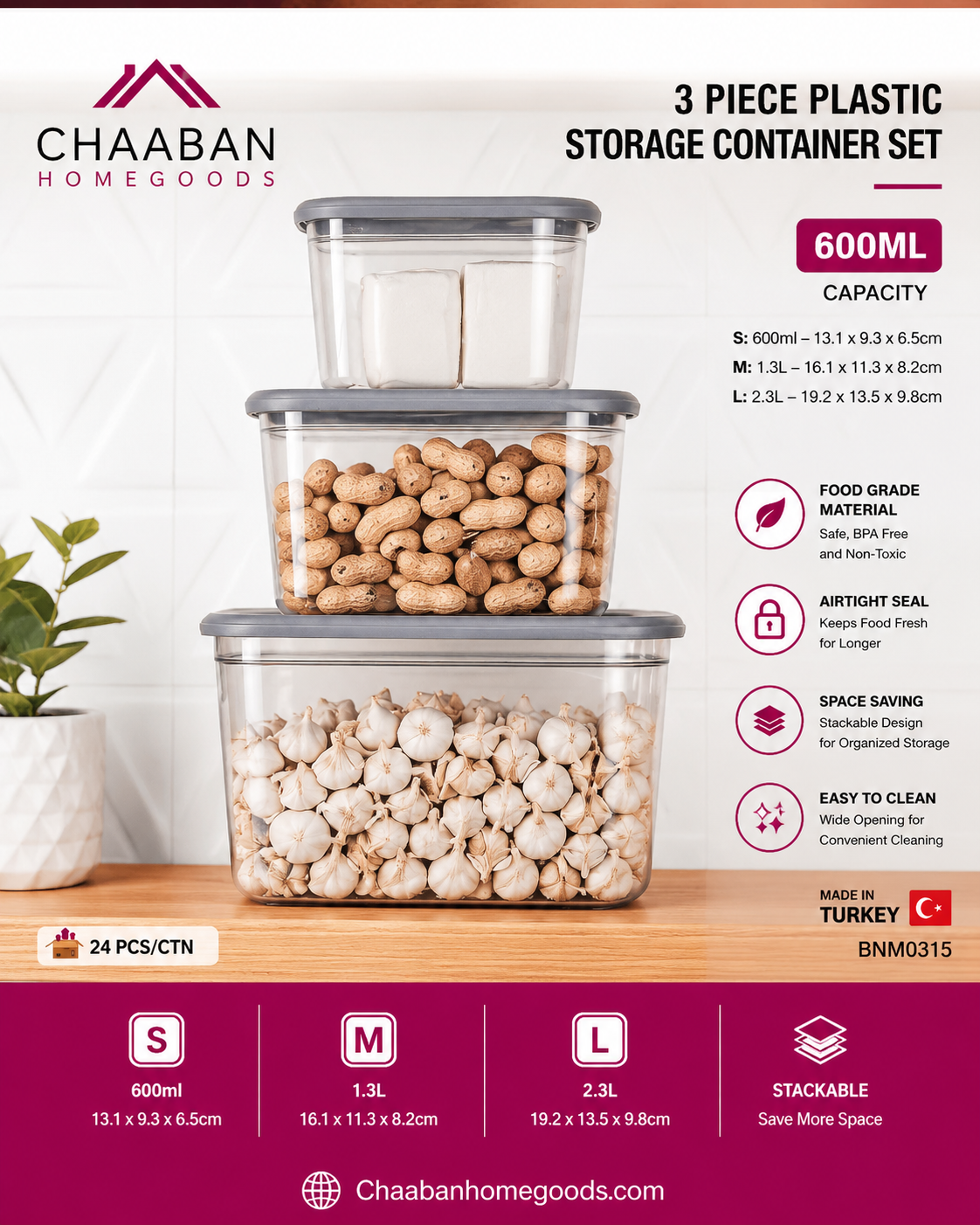 Chaabanhomegoods 3-Piece Airtight Plastic Food Storage Container Set – BPA Free Kitchen Organizer