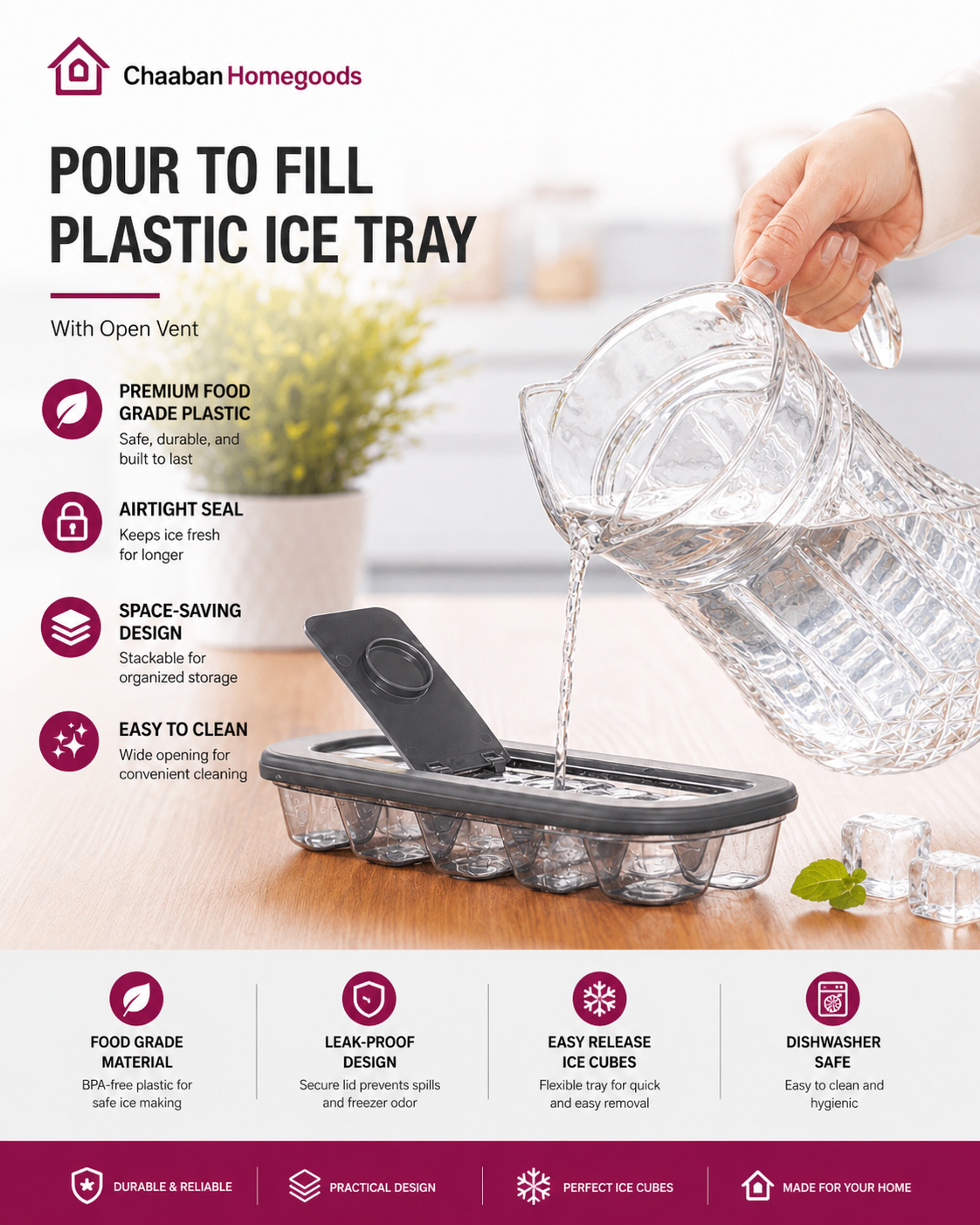 Chaabanhomegoods Pour-to-Fill Ice Cube Tray with Lid – Leak-Proof & Easy Release Ice Mold
