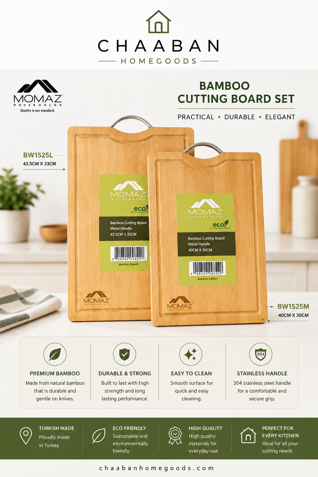 Bamboo Cutting Board with Stainless Steel Handle – Available in Large & Medium Sizes