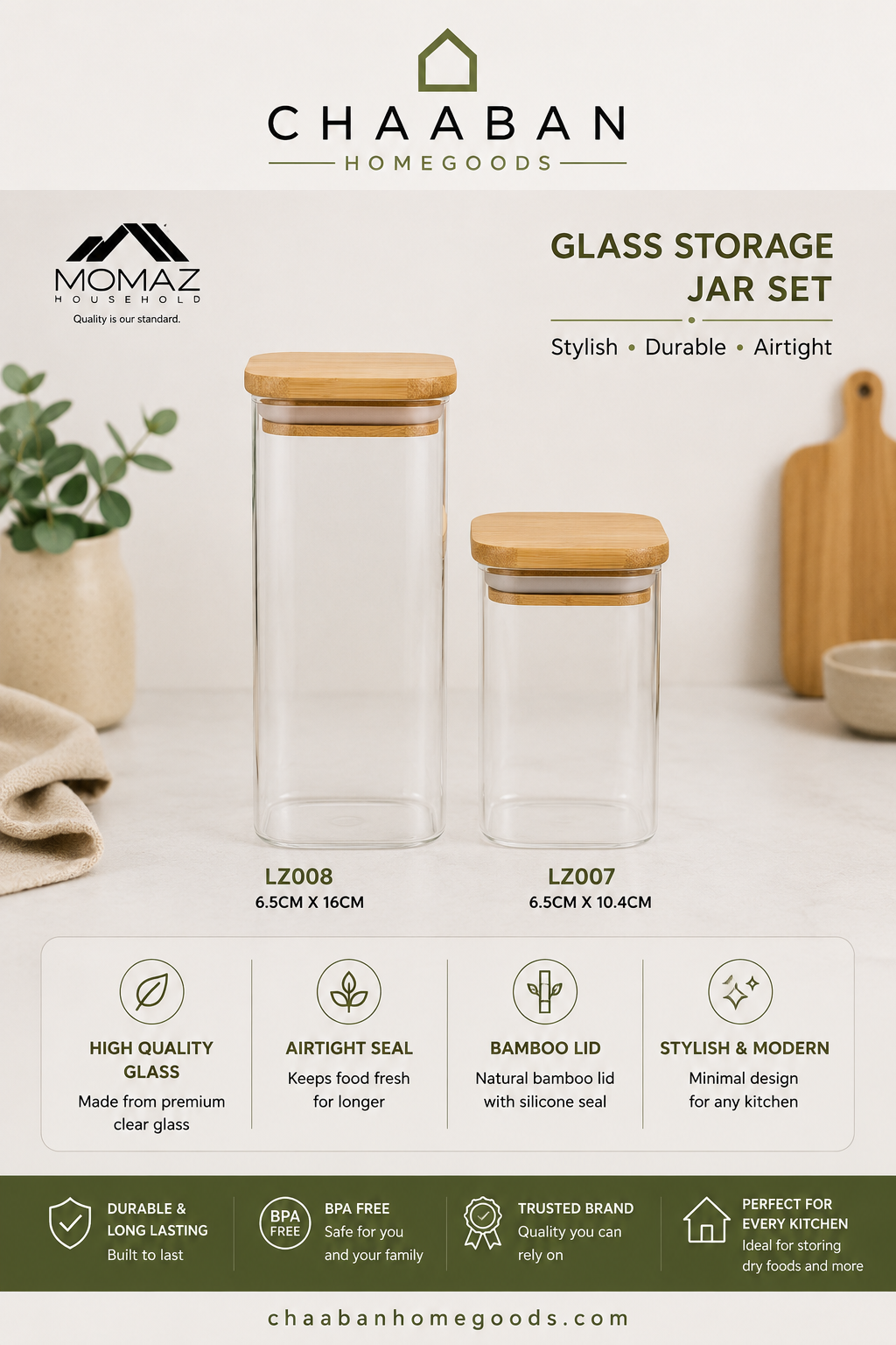 2-Piece Glass Storage Jar Set with Bamboo Lids – Airtight Kitchen Canisters