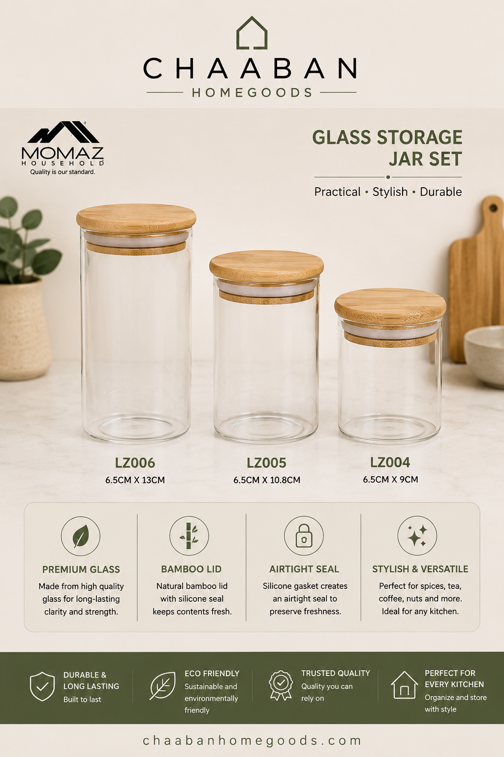3-Piece Glass Storage Jar Set with Bamboo Lids – Airtight Kitchen Canisters