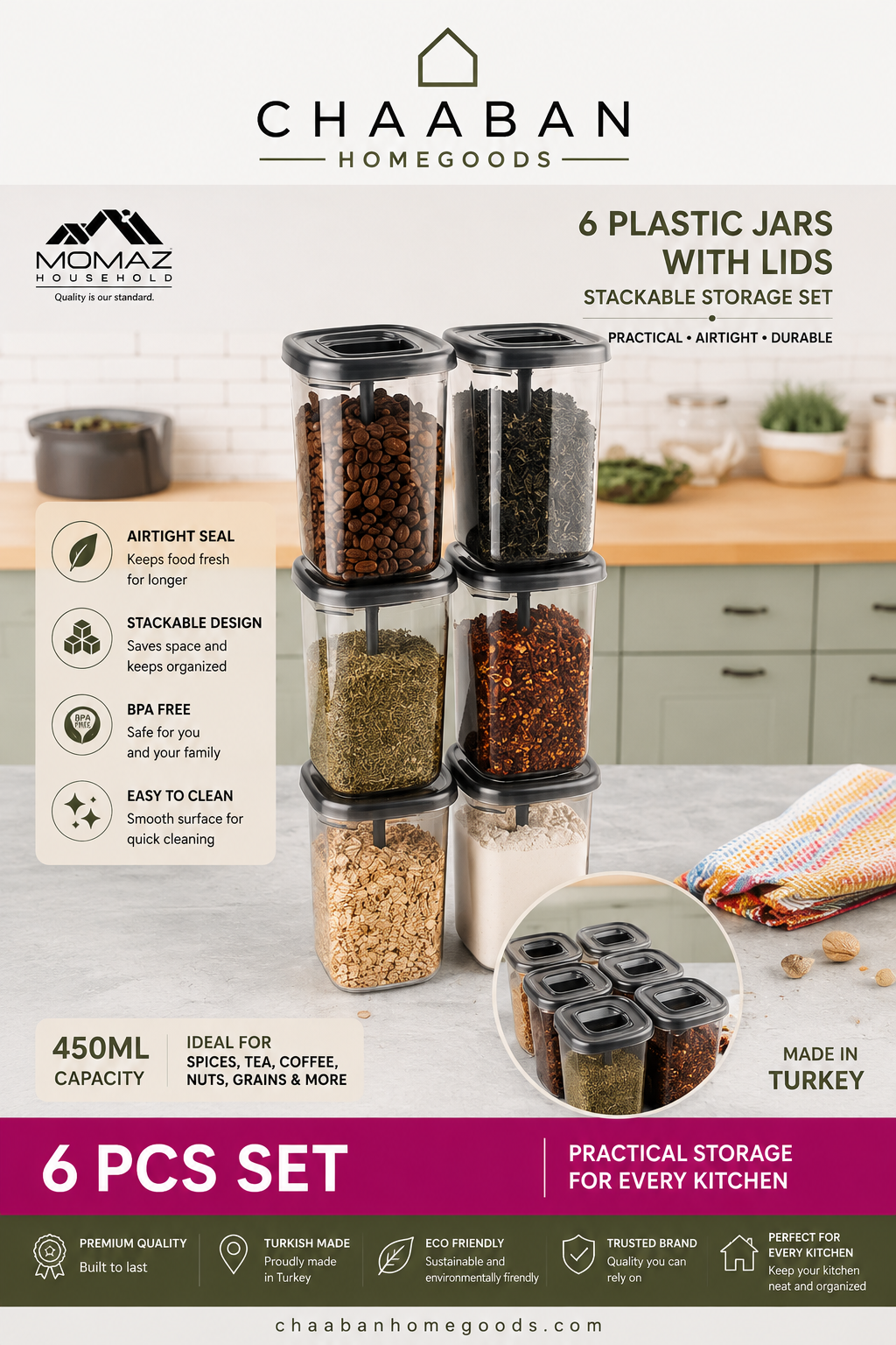 6-Piece Airtight Plastic Storage Jar Set – 450ML Kitchen Organizer Containers with Lids