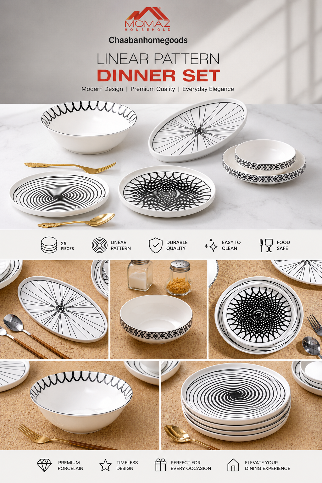 26-Piece Linear Pattern Porcelain Dinner Set – Modern Black & White Tableware Collection