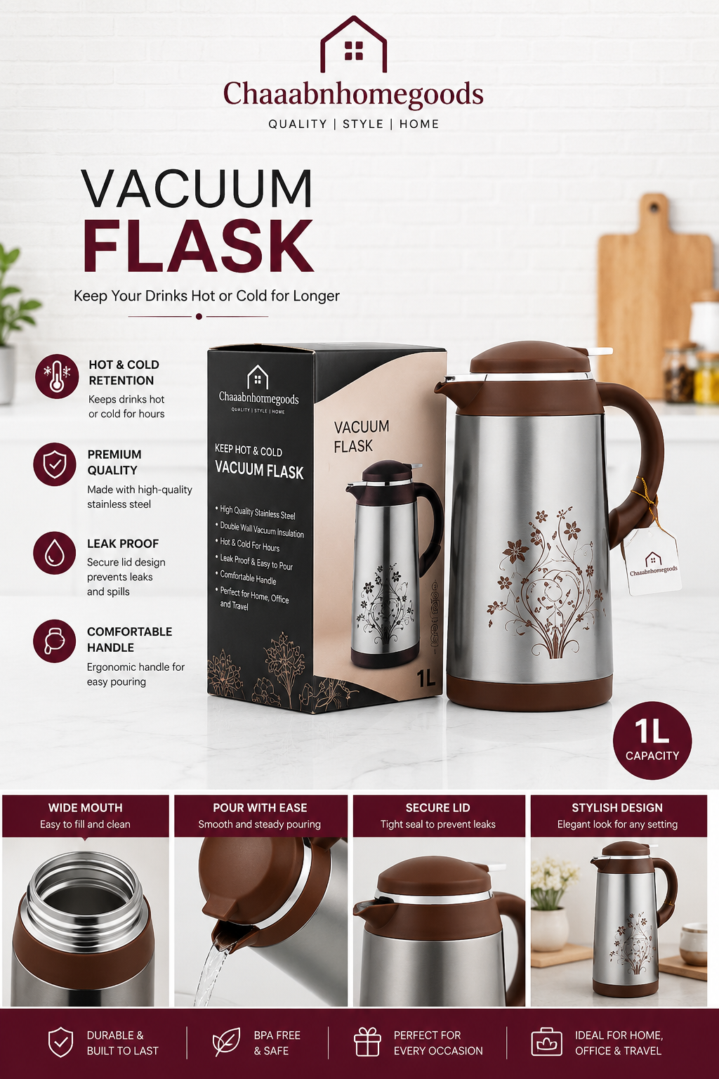 1L Stainless Steel Vacuum Flask – Hot & Cold Thermal Coffee Pot