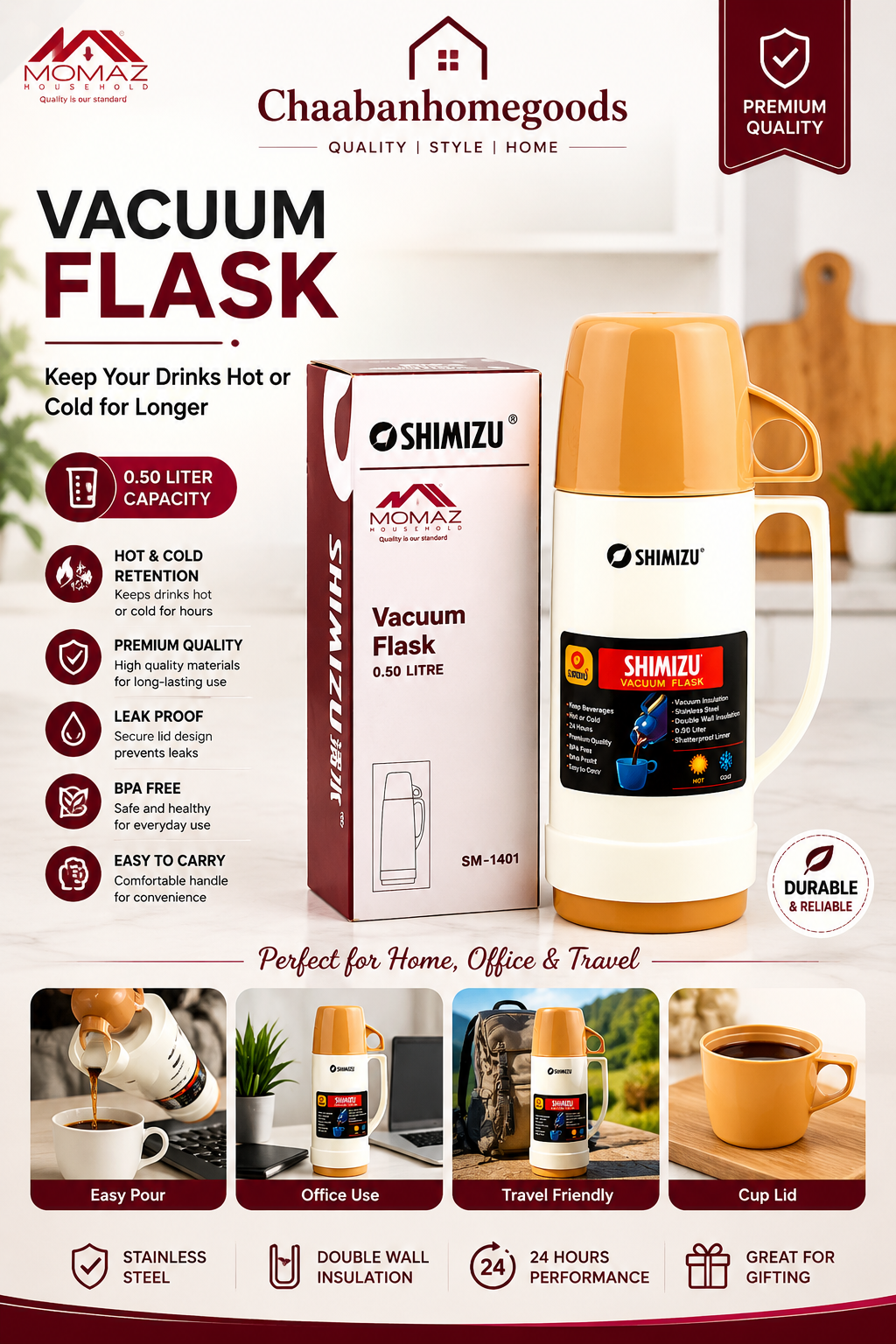 0.50L Vacuum Flask – Portable Hot & Cold Thermal Coffee Bottle