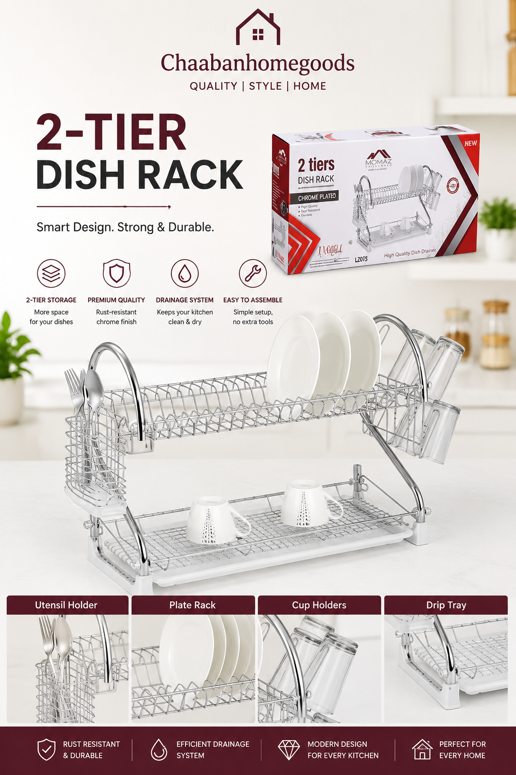 2-Tier Chrome Dish Drying Rack – Kitchen Counter Organizer with Cup & Utensil Holders