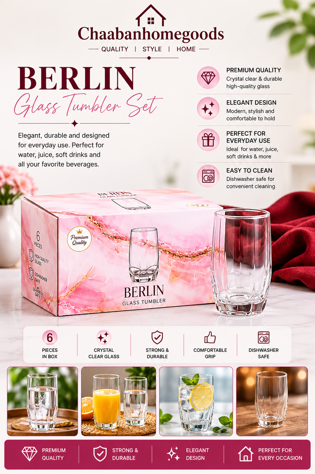 Berlin Glass Tumbler Set – Premium Clear Drinking Glasses (Set of 6)