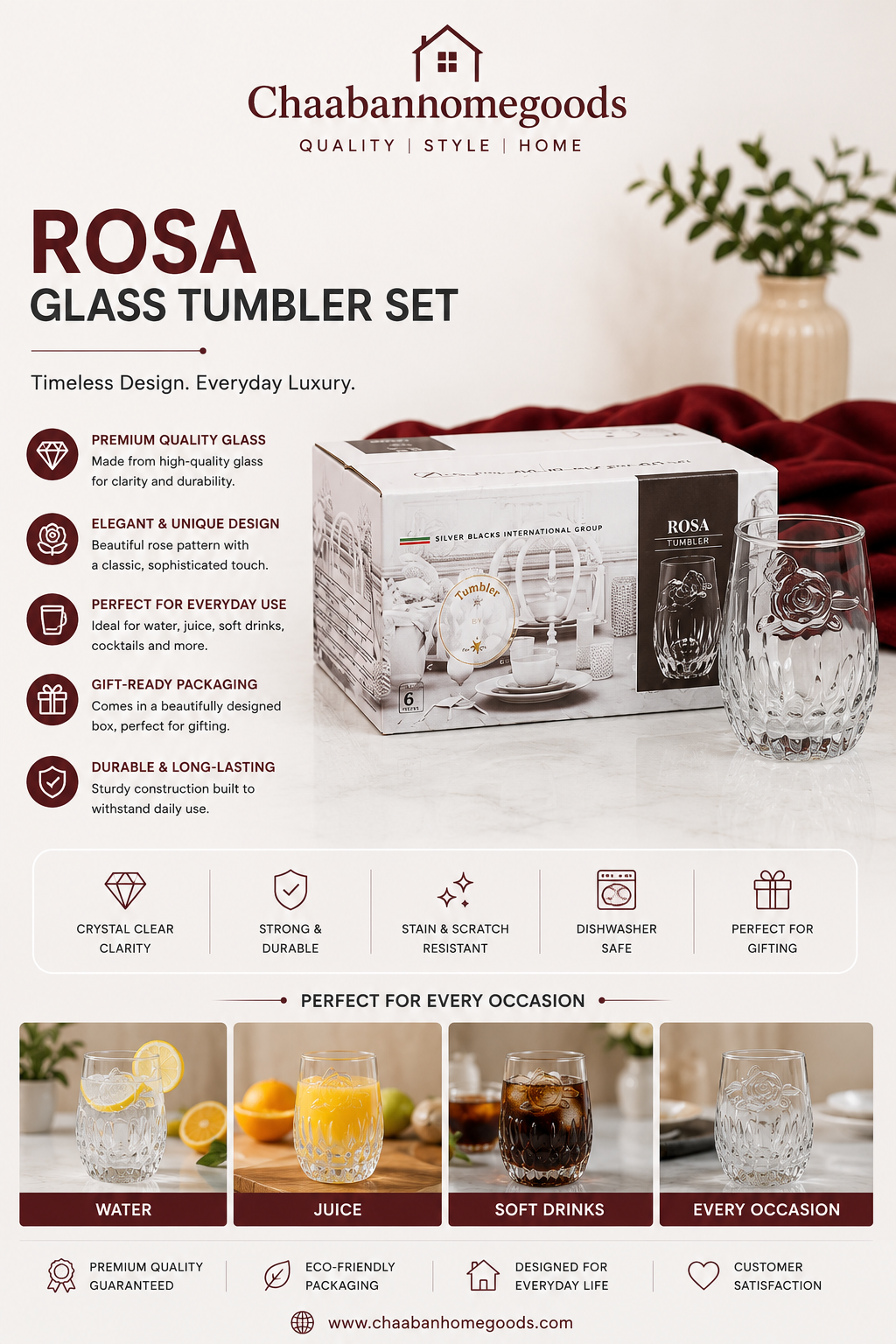 Rosa Premium Glass Tumbler Set – 6 Piece Elegant Drinking Glasses
