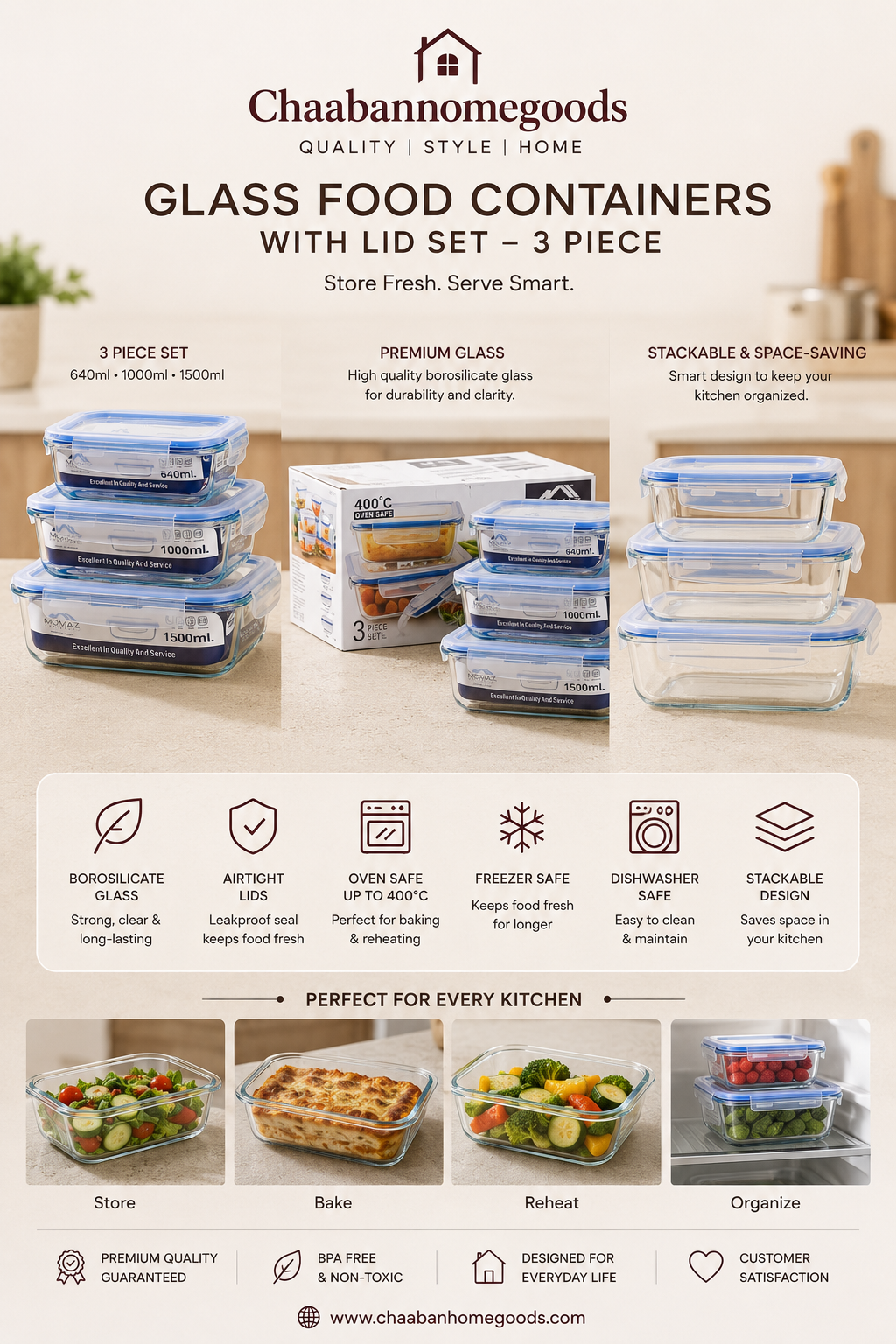 3 Piece Glass Food Storage Container Set with Airtight Lids – Oven & Microwave Safe