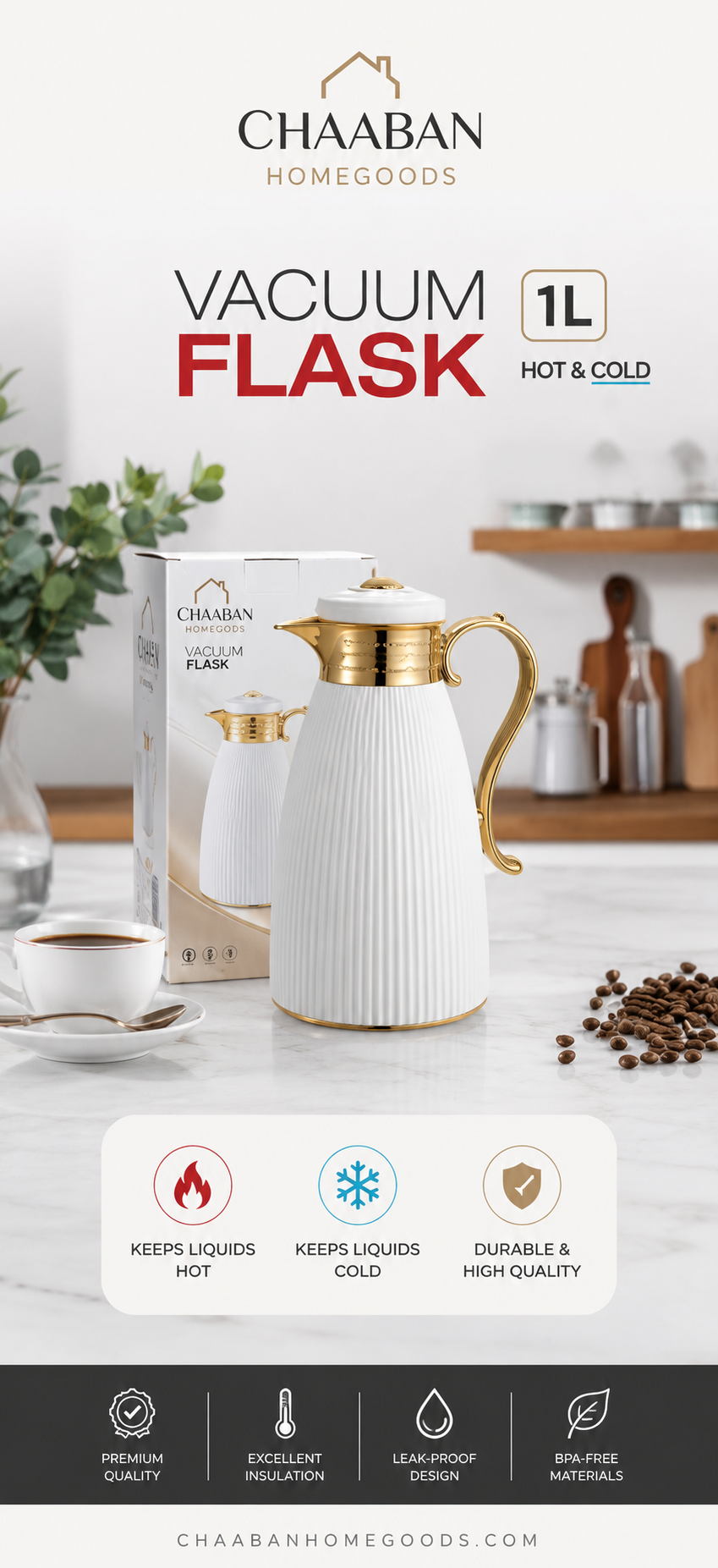 Luxury 1L Vacuum Flask Set – Hot & Cold Insulated Coffee Thermos | Chaabanhomegoods