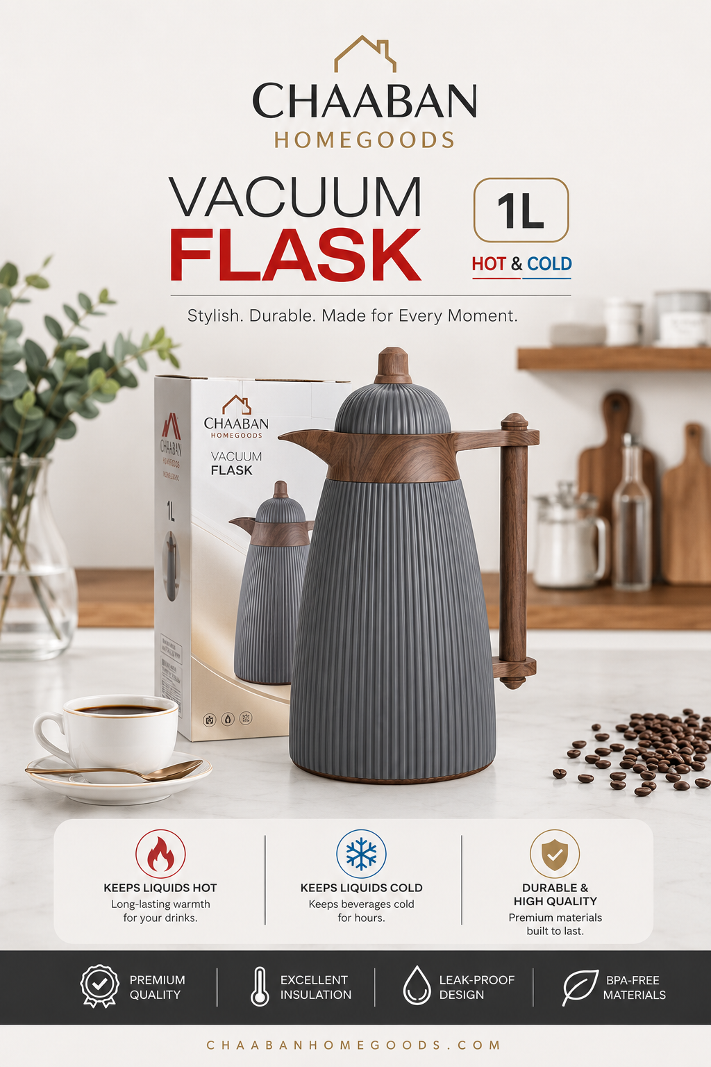 Luxury 1L Vacuum Flask Set – Hot & Cold Insulated Coffee Thermos | Chaabanhomegoods