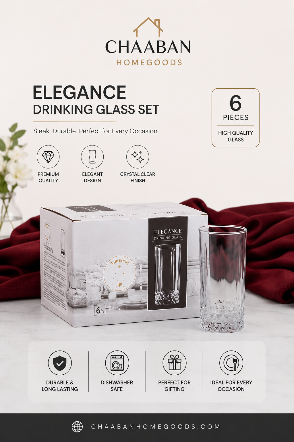Elegance 6-Piece Crystal Drinking Glass Set – Premium Tall Glass Cups | Chaabanhomegoods