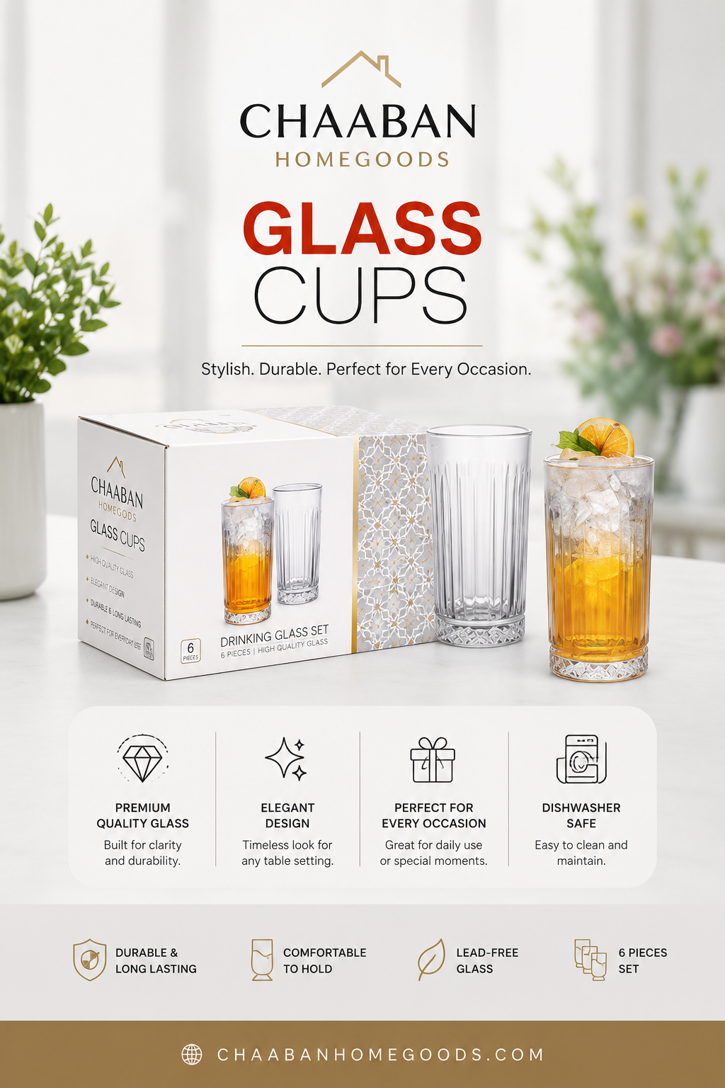 Luxury Crystal Glass Cups Set – Tall & Short Drinking Glasses Collection | Chaabanhomegoods