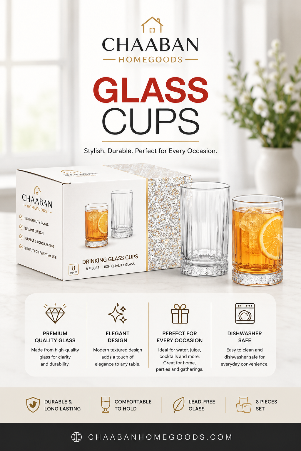 Luxury Crystal Glass Cups Set – Tall & Short Drinking Glasses Collection | Chaabanhomegoods