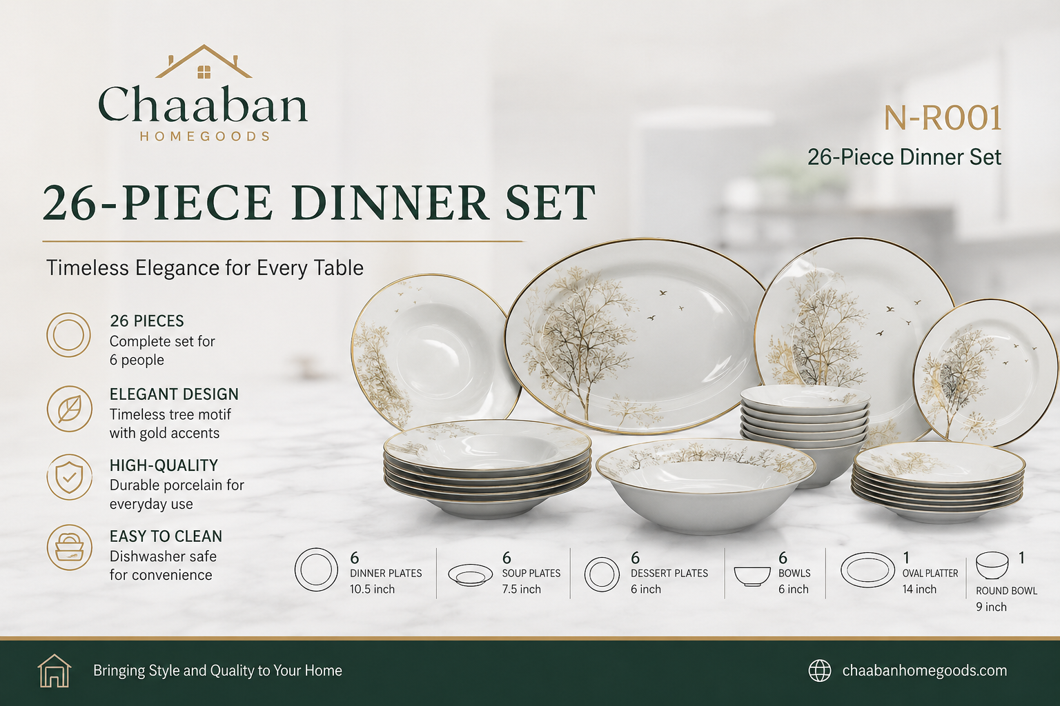 Chaabanhomegoods 26-Piece Elegant Porcelain Dinner Set – Gold Tree Design Dinnerware Collection for 6 People