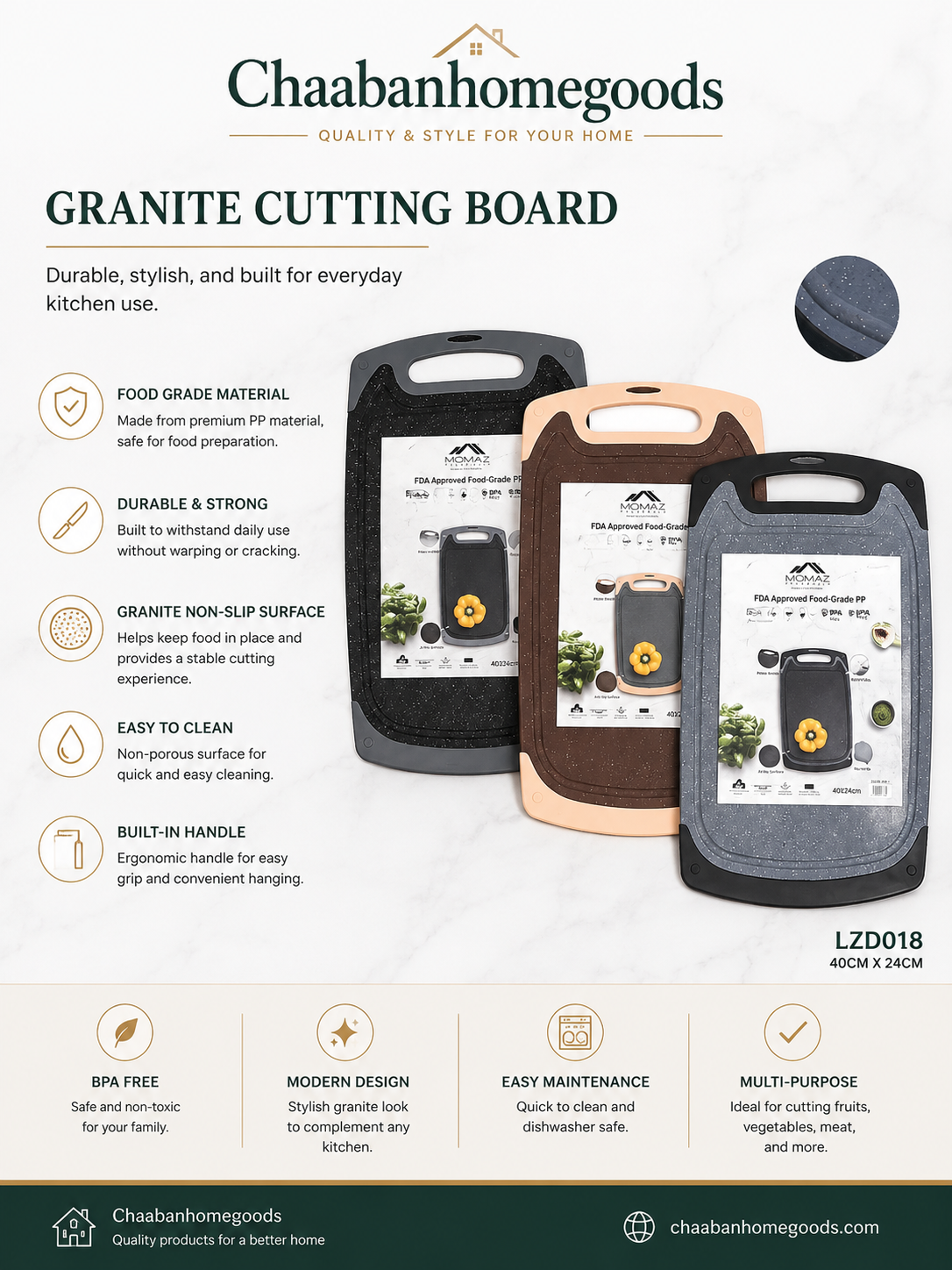 Chaabanhomegoods Granite Cutting Board – Non-Slip Multi-Purpose Kitchen Chopping Board with Handle