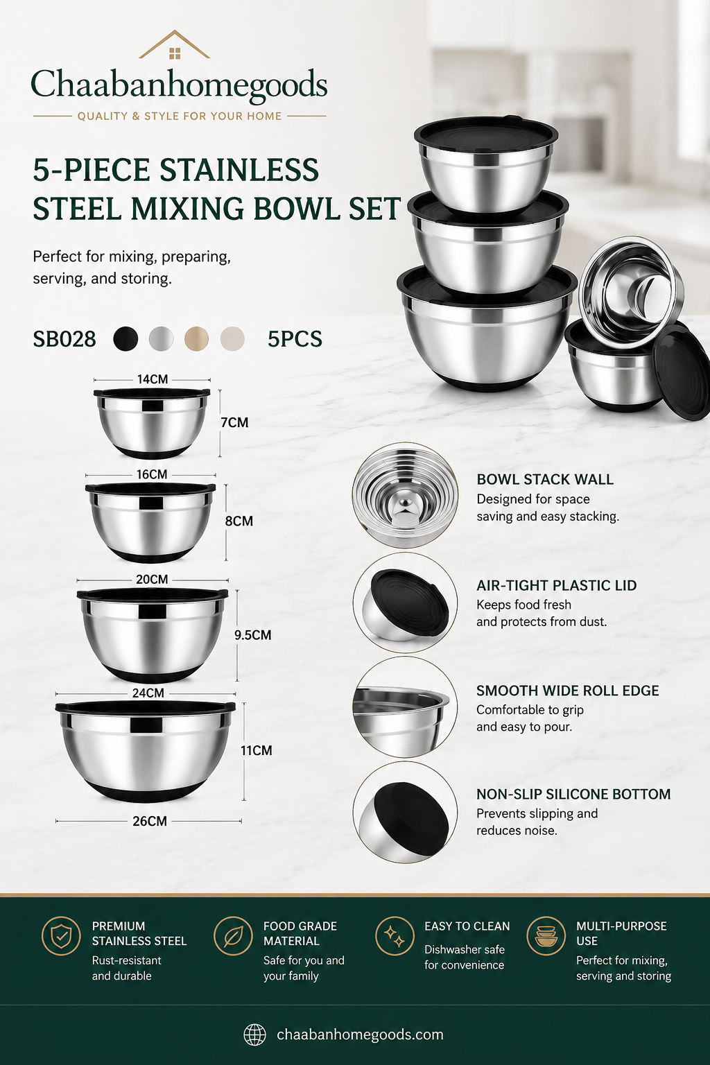 5-Piece Stainless Steel Mixing Bowl Set with Airtight Lids