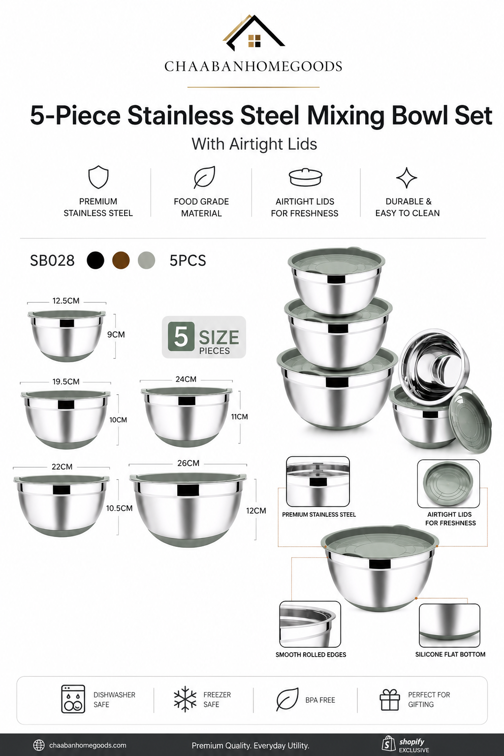 5-Piece Stainless Steel Mixing Bowl Set with Airtight Lids