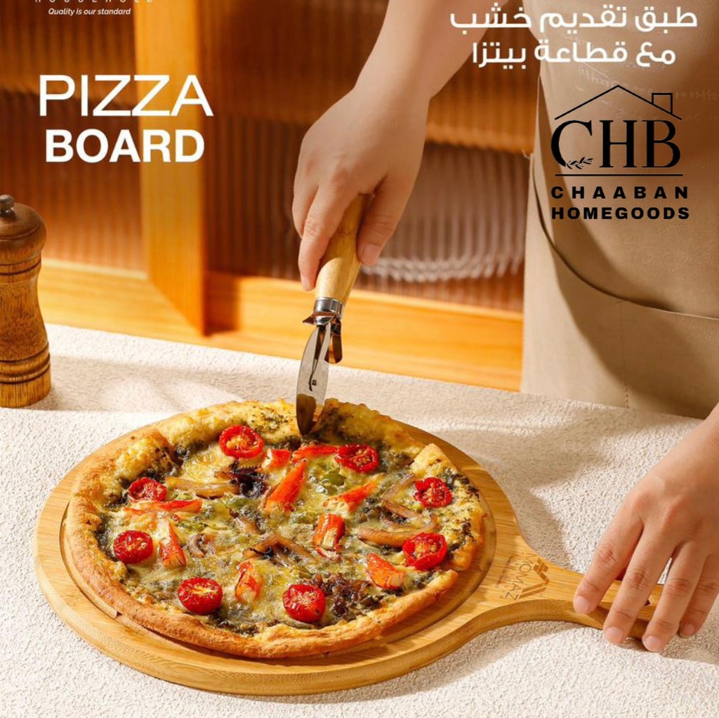 Premium Wooden Pizza Board with Cutter – Serving & Cutting Tray