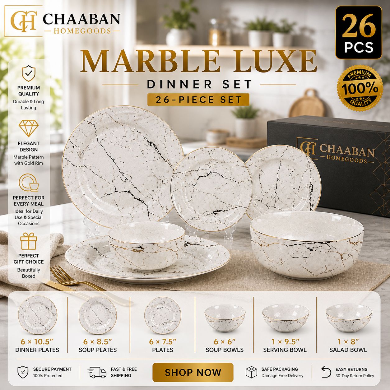 Marble Luxe 26-Piece Dinner Set-Eelegant Modern Tableware