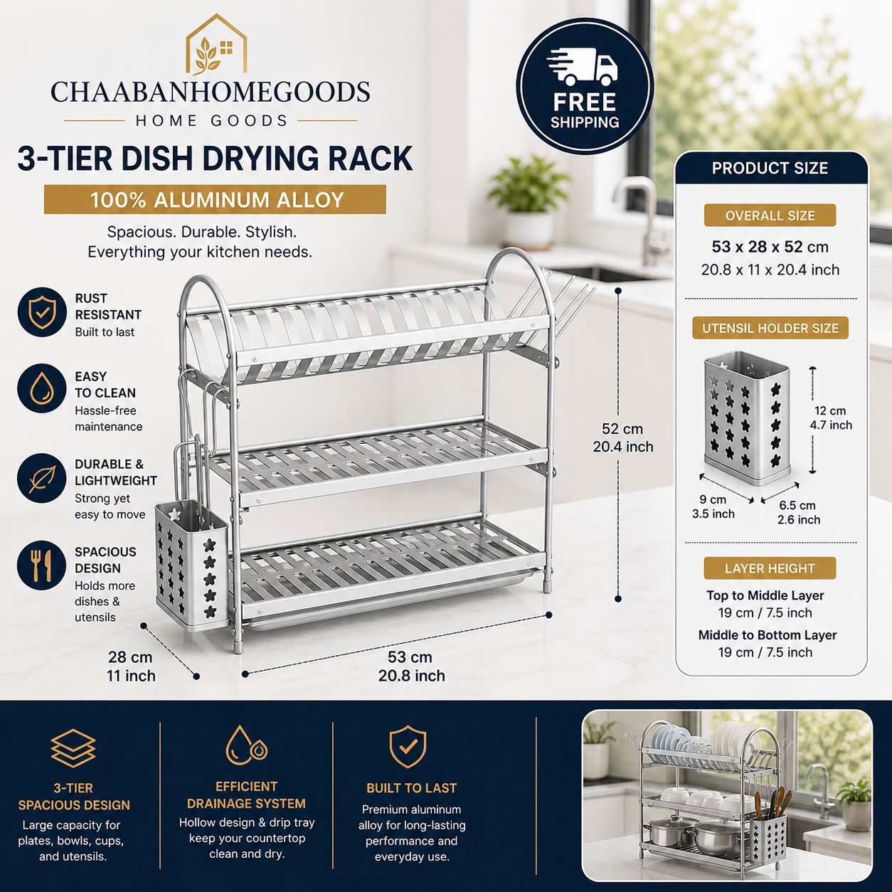 Premium Aluminum Dish Drying Rack – Rust-Resistant, Spacious & Modern Kitchen Organizer | Free Shipping