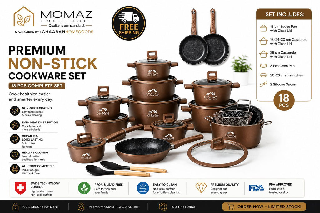 Premium 18-Piece Non-Stick Cookware Set – Aluminum Pots & Pans with Swiss Coating | Induction Ready | Free Shipping