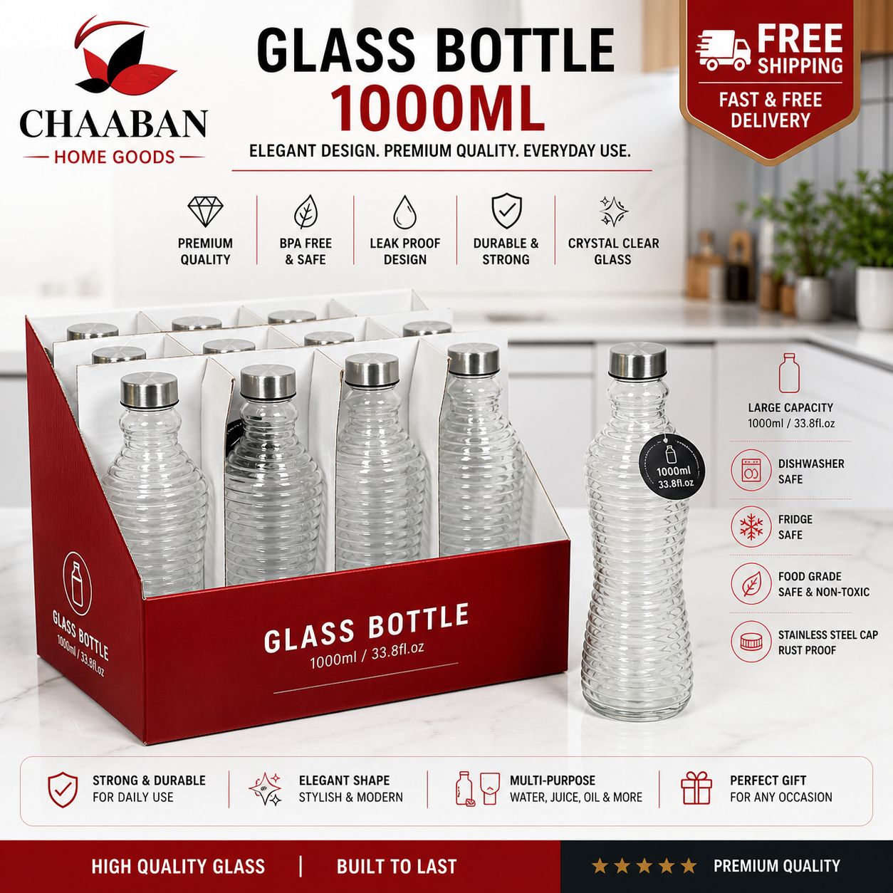1000ML Premium Glass Bottle with Stainless Steel Lid – Leak Proof, Durable & BPA-Free | Chaaban Home Goods