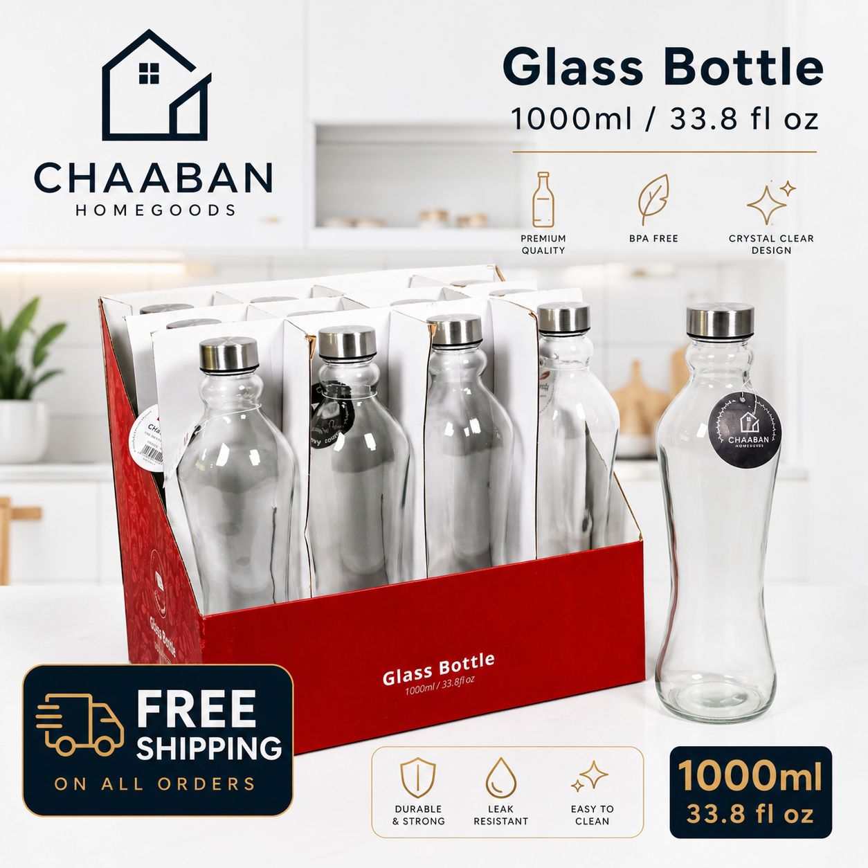 Premium 1000ml Glass Water Bottle with Stainless Steel Lid – Durable, Leak-Proof | Chaaban Homegoods