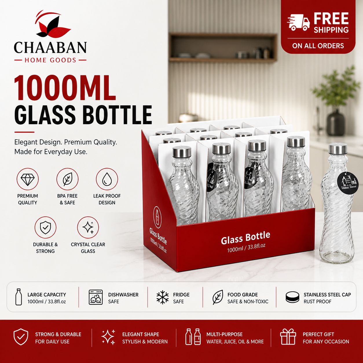 1000ML Premium Glass Bottle Set with Stainless Steel Lid – Leak-Proof, BPA-Free, Durable | Chaaban Home Goods