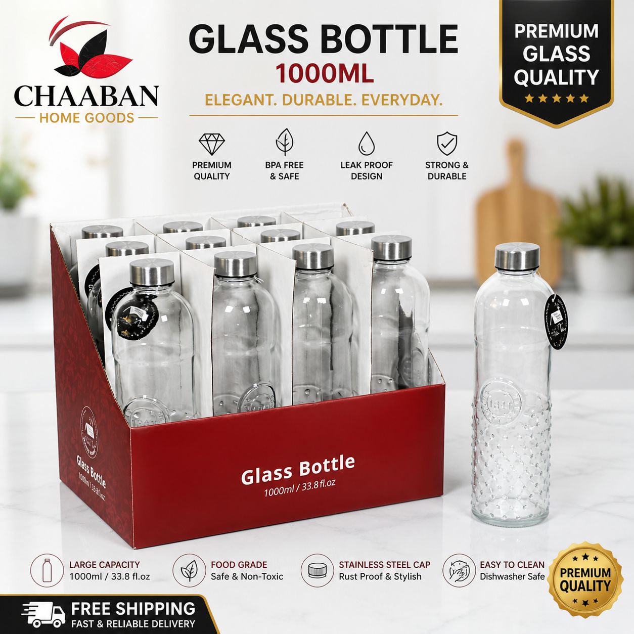 1000ML Premium Glass Bottle – Leak-Proof, BPA-Free, Durable & Stylish | Chaaban Home Goods