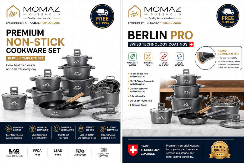 Premium 18-Piece Non-Stick Cookware Set – Aluminum Pots & Pans with Swiss Coating | Induction Ready | Free Shipping