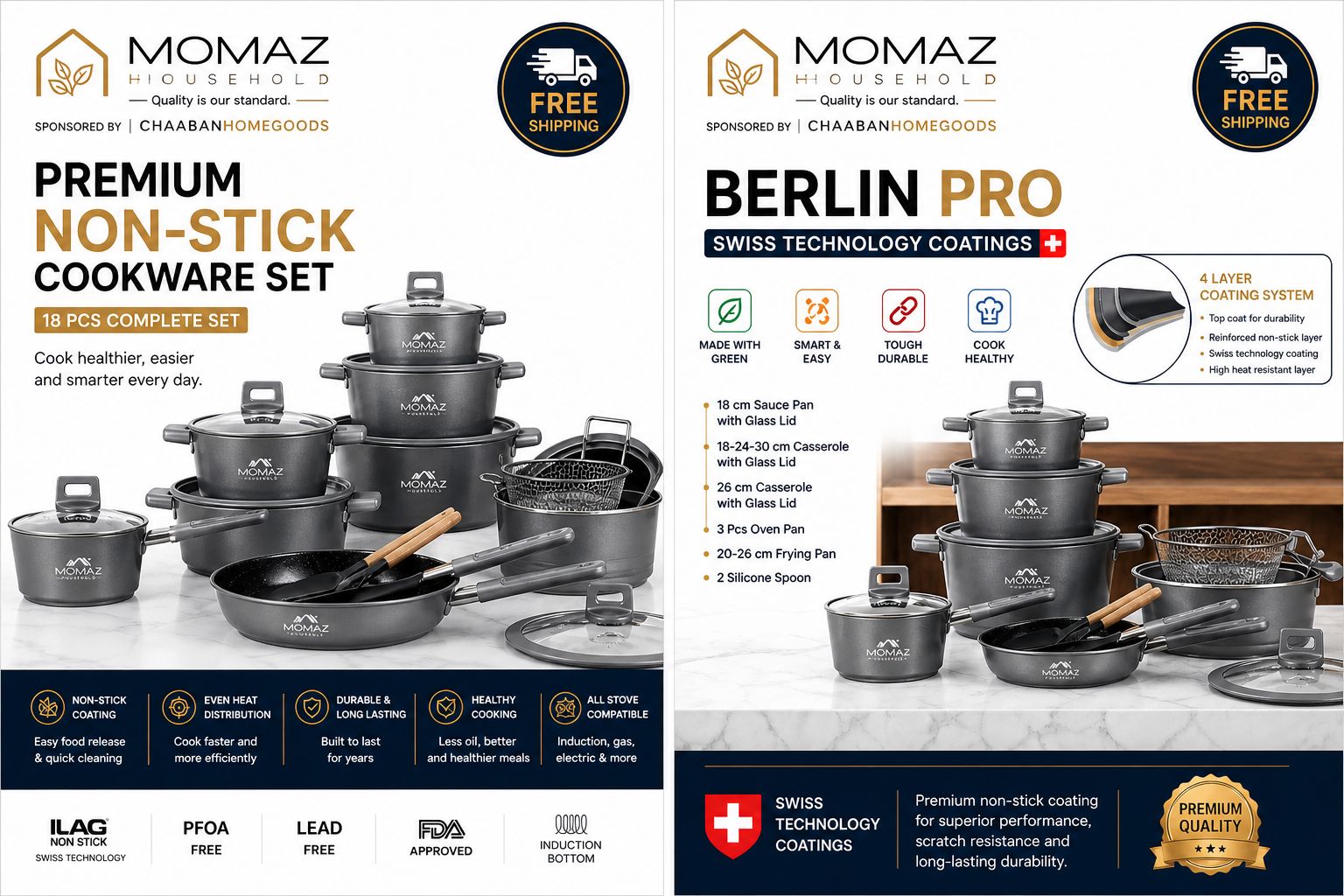 Premium 18-Piece Non-Stick Cookware Set – Aluminum Pots & Pans with Swiss Coating | Induction Ready | Free Shipping