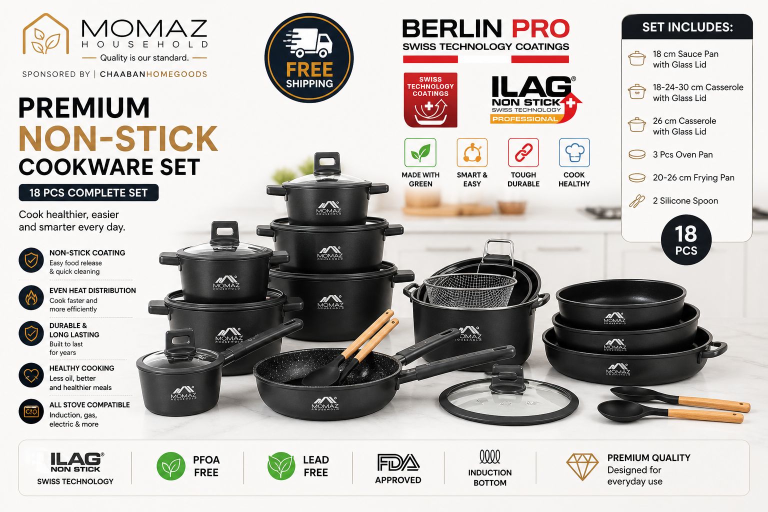 Premium 18-Piece Non-Stick Cookware Set – Aluminum Pots & Pans with Swiss Coating | Induction Ready | Free Shipping