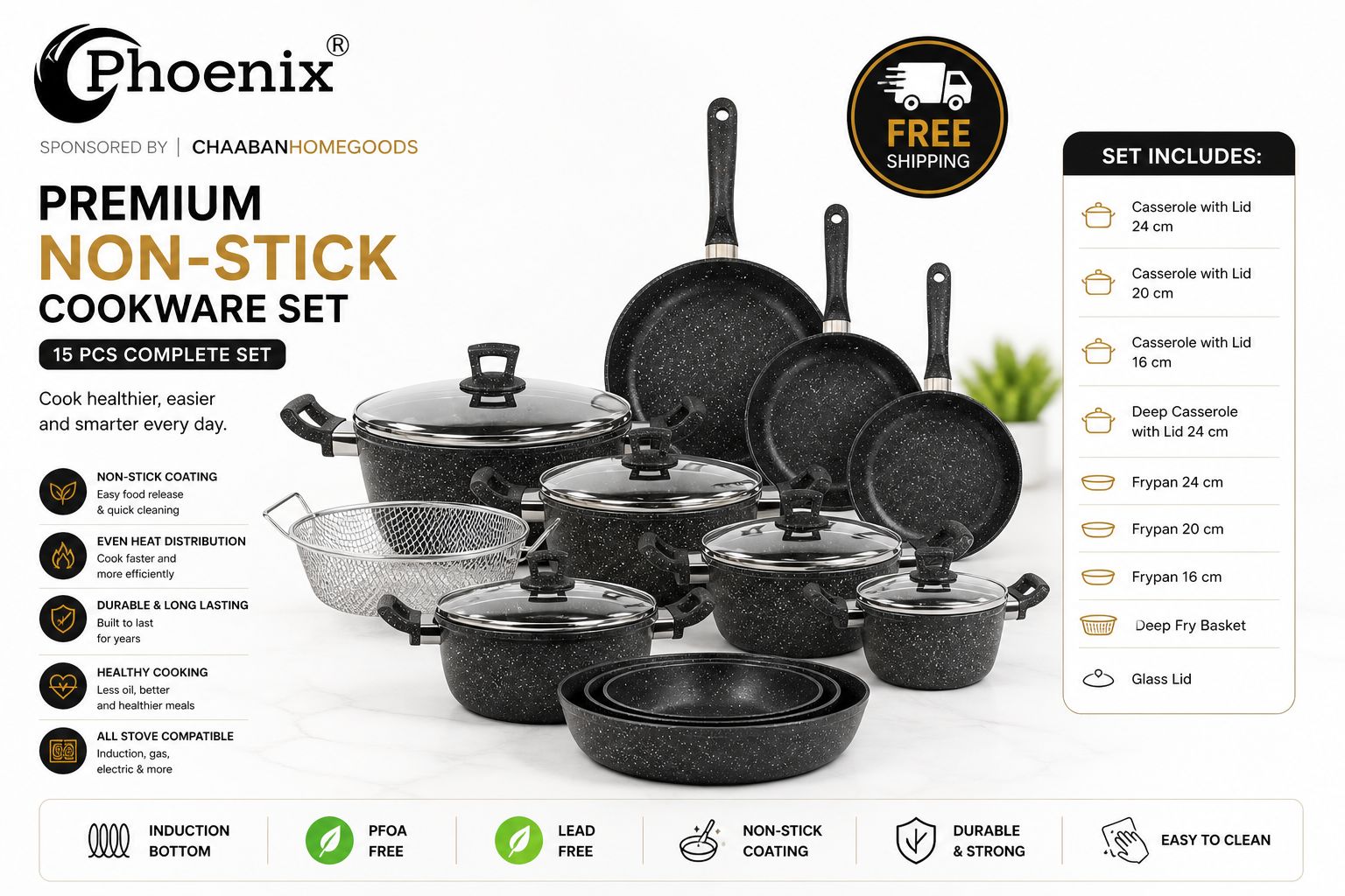 Phoenix Premium Non-Stick Cookware Set – Complete Kitchen Pots & Pans Set | Durable, Easy Clean | Free Shipping