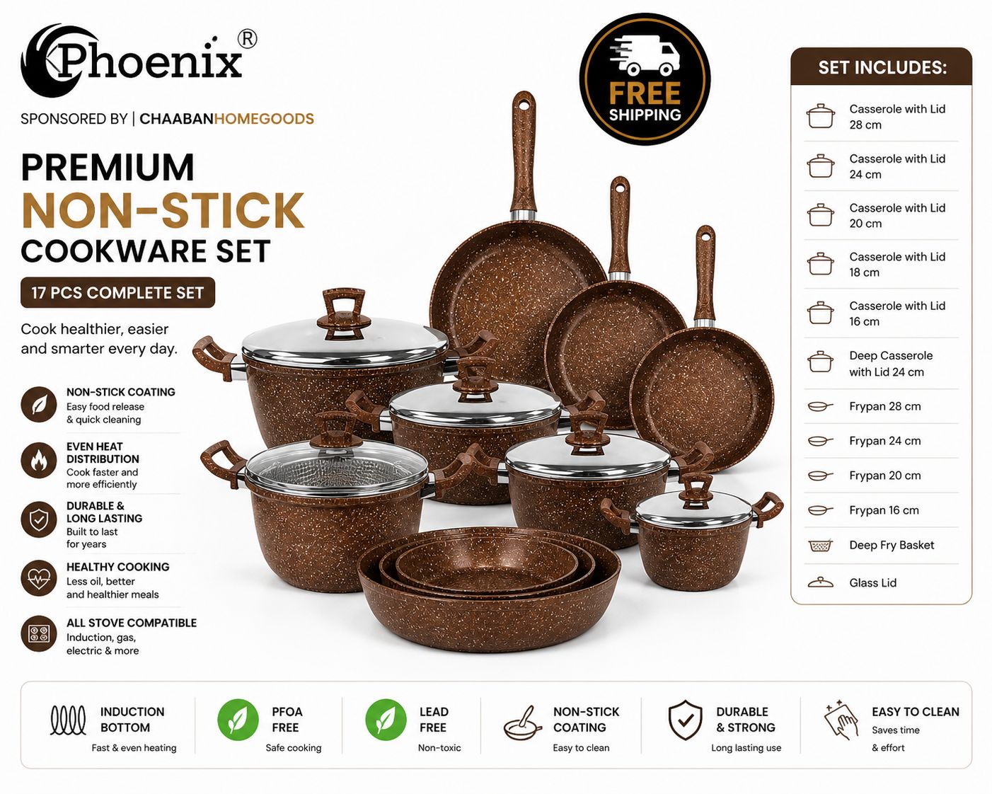 Phoenix Premium Non-Stick Cookware Set – Complete Kitchen Pots & Pans Set | Durable, Easy Clean | Free Shipping