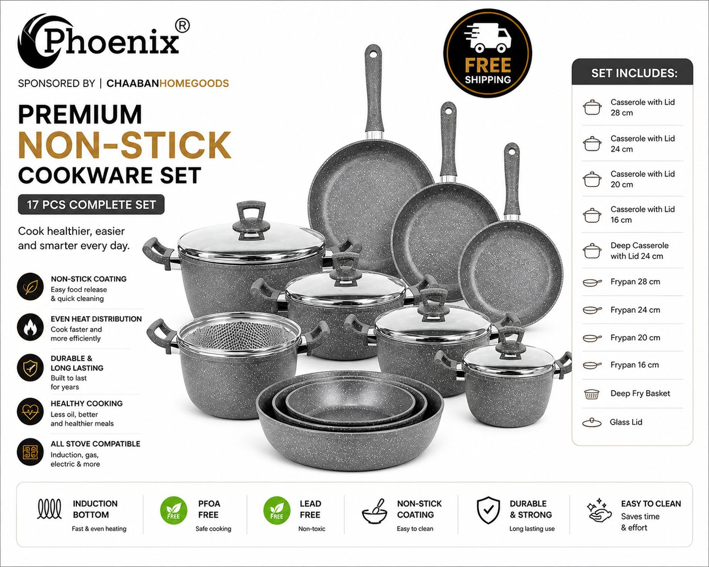 Phoenix Premium Non-Stick Cookware Set – Complete Kitchen Pots & Pans Set | Durable, Easy Clean | Free Shipping
