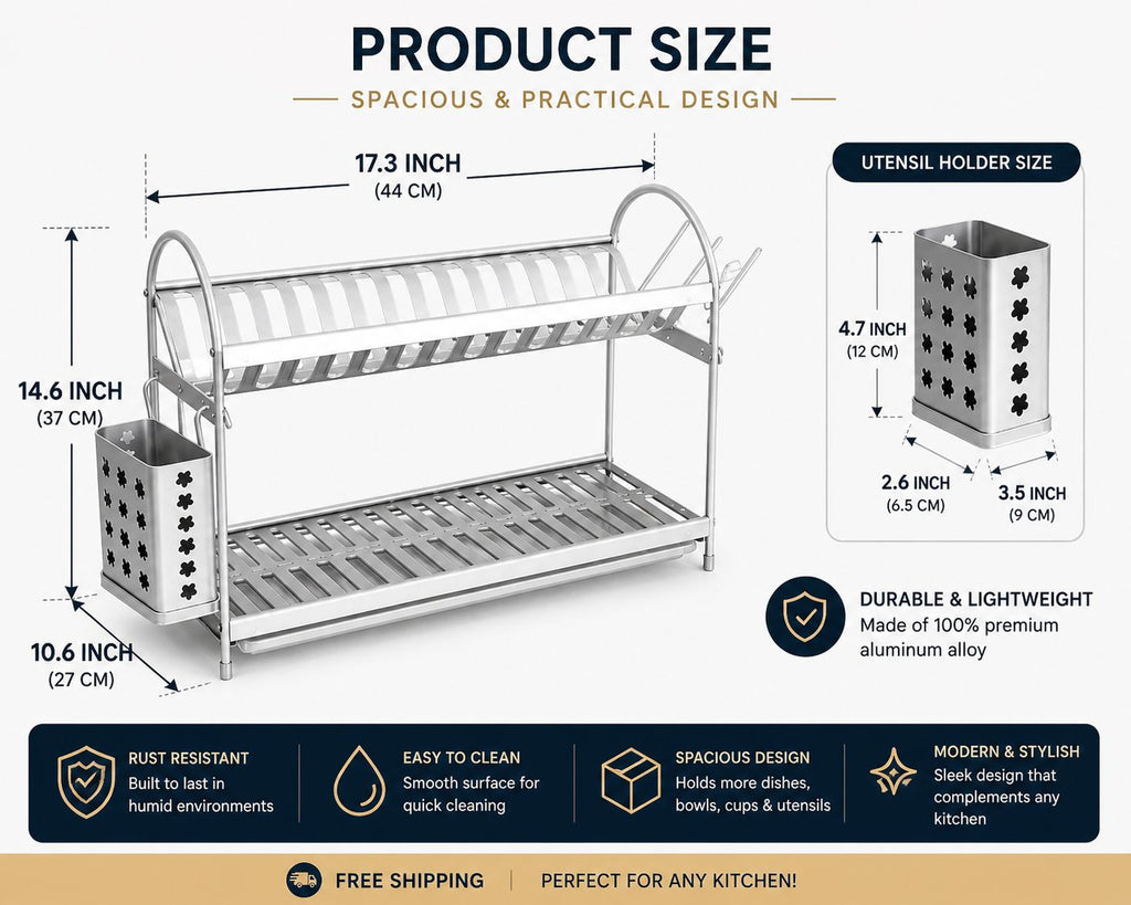 Premium Aluminum Dish Drying Rack – Rust-Resistant, Spacious & Modern Kitchen Organizer | Free Shipping