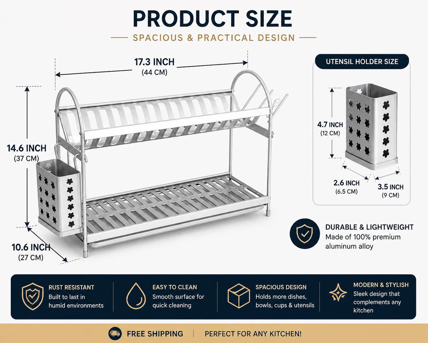 Premium Aluminum Dish Drying Rack – Rust-Resistant, Spacious & Modern Kitchen Organizer | Free Shipping