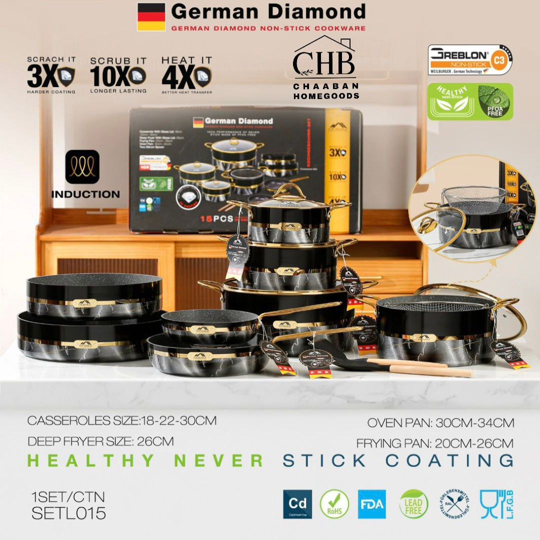 Premium 15-Piece German Diamond Cookware Set – Non-Stick | Induction Ready
