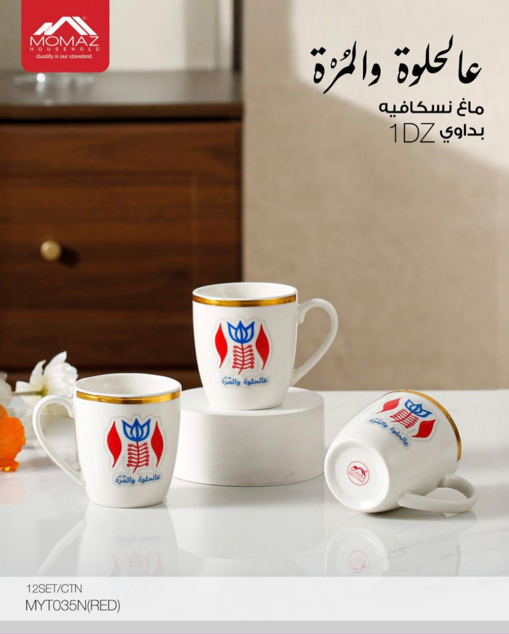 Red & Blue Floral 12-Piece Coffee Mug Set with Gold Trim