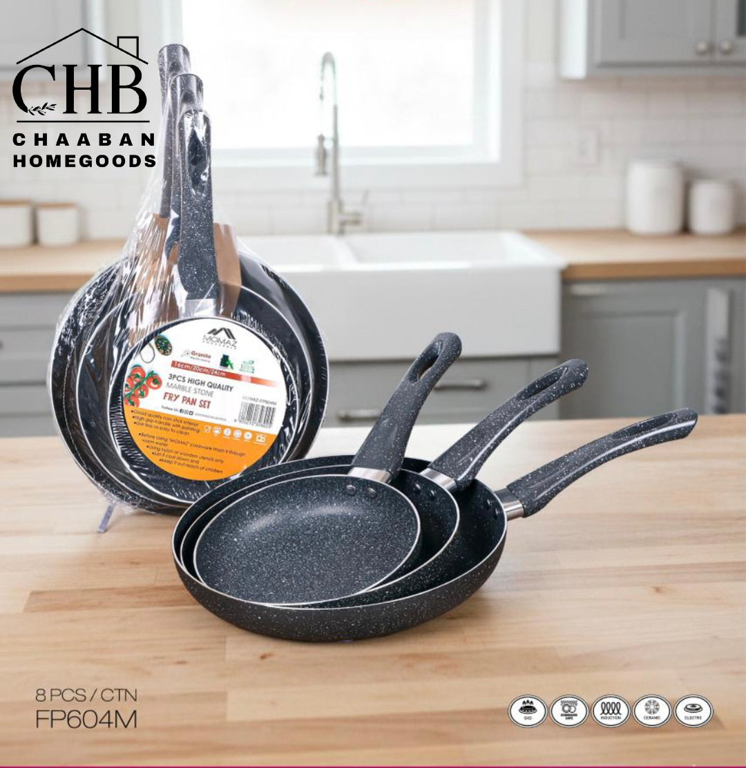 Momaz 3-Piece Granite Fry Pan Set – Non-Stick Marble Coating | Durable & PFOA-Free | Chaaban Homegoods
