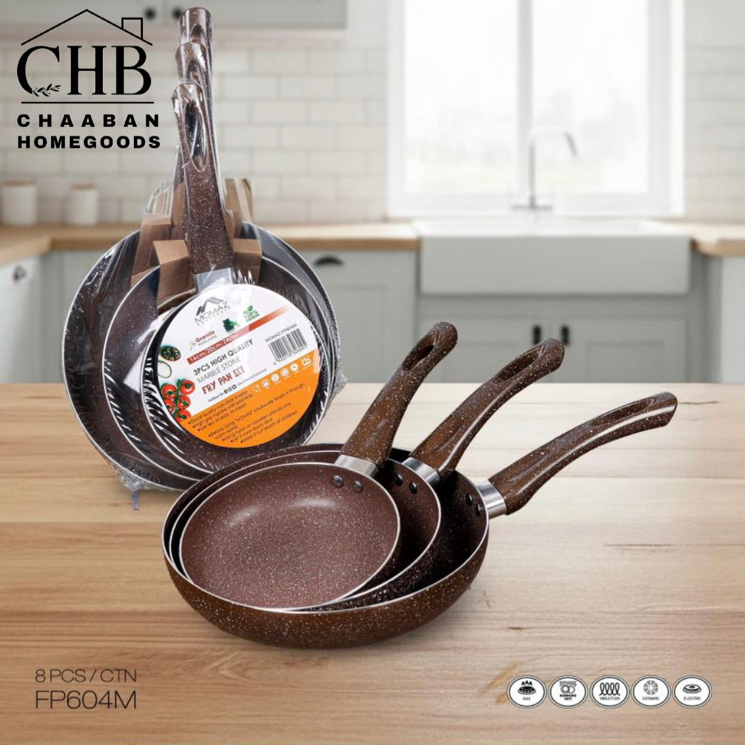 Momaz 3-Piece Granite Fry Pan Set – Non-Stick Marble Coating | Durable & PFOA-Free | Chaaban Homegoods